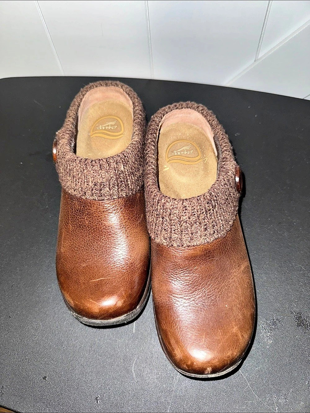 Dansko Brown Leather Knit Collar Clogs EU 38
